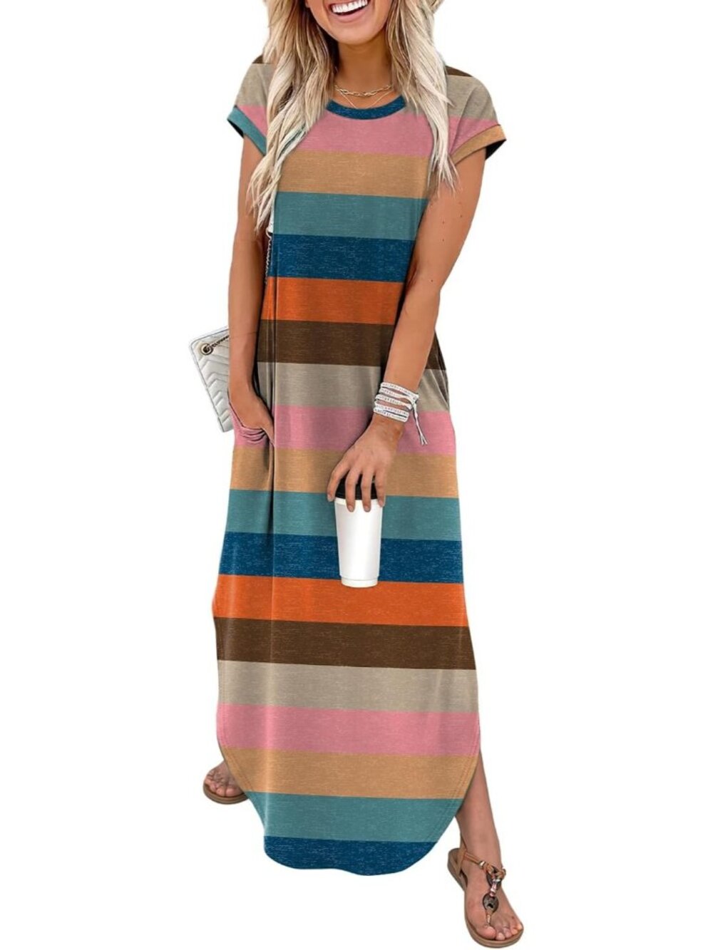 Womens Rainbow Striped Floral Cap Sleeve Crewneck Pockets Casual Long Maxi Dress